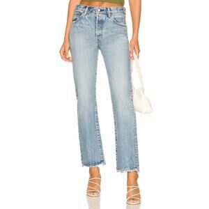 NWT Moussy Vintage Samuel Straight Leg Jeans 29 Blue Frayed Hem Button Fly $350
